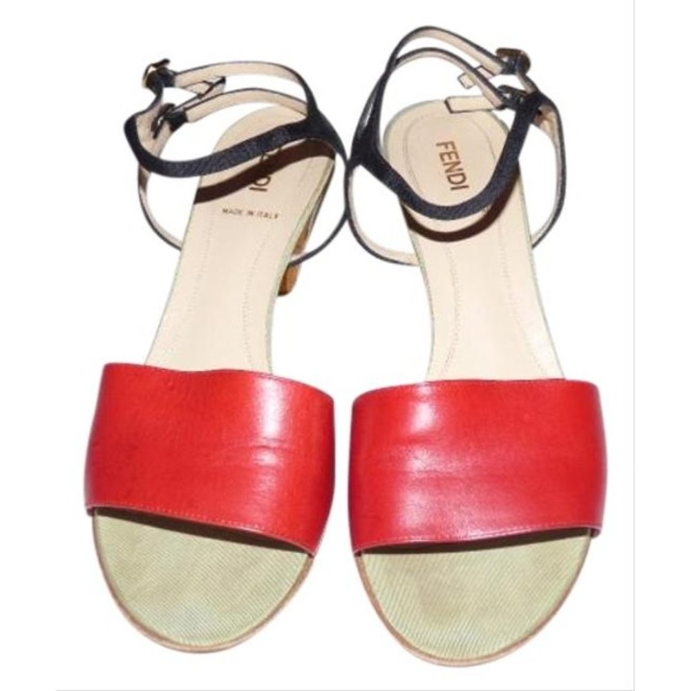 FENDI Red Black Pale Green Leather with Cork Heels
